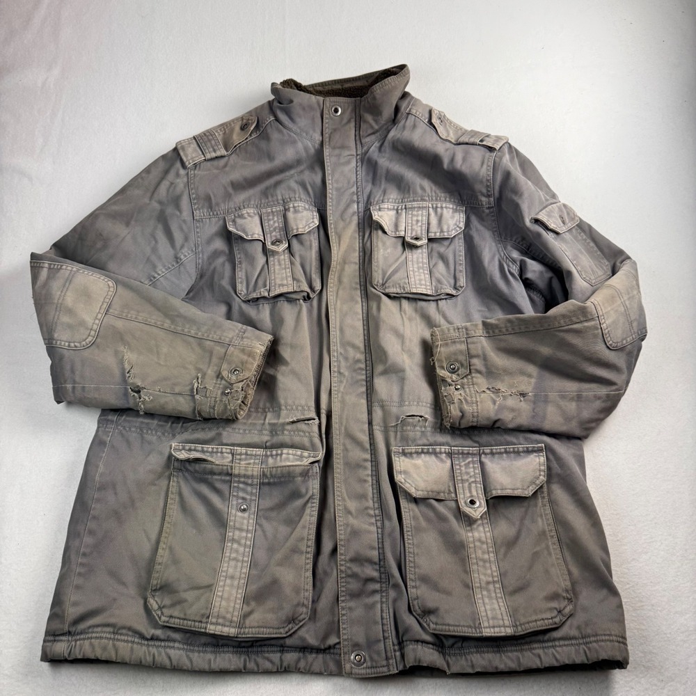 LL Bean Mens XL Field Jacket Gray Thinsulate Sherpa Lined Distressed 265341